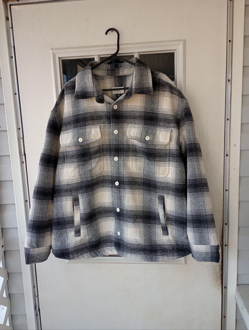 American Eagle Oversized Plaid Shirt Jacket Gray Black White Button Men's XXL